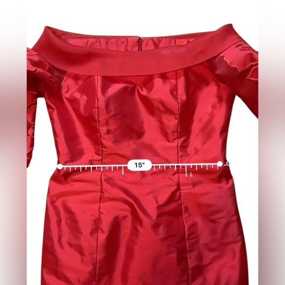 Marisa Baratelli Thai Silk Red Off The Shoulder Gown Floral Sheer Sleeves Sz 10 - Picture 11 of 11